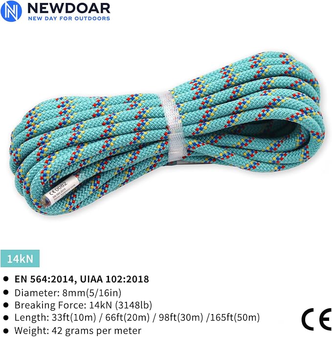 NewDoar CE & UIAA Certificated 5/16(8mm) Static Climbing Rope 14KN High Strength Accessory Cords 33FT/66FT/98FT/165FT Safety Rope for Rock Climbing, Outdoor Survival, Hiking, Mountaineering