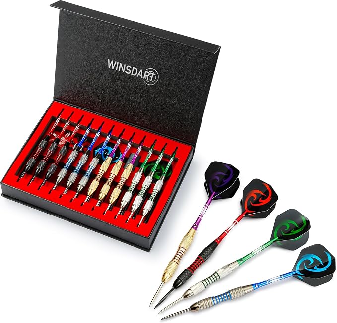 WINSDART Darts Metal Tip Set Professional Metal Darts for Dartboard Steel Tip Darts with Nonslip Iron Barrel Aluminum Dart Shafts,Extra Flights,Dart Sharpener,Gift Box