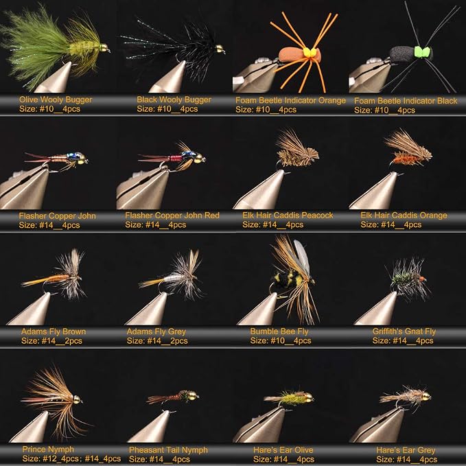 Wifreo Fly Fishing Flies Assortment with Waterproof Fly Box, 28/40/64/92/120pcs Dry/Wet/Nymph/Streamer Flies, Trout/Bass/Panfish/Salmon Fishing Flies