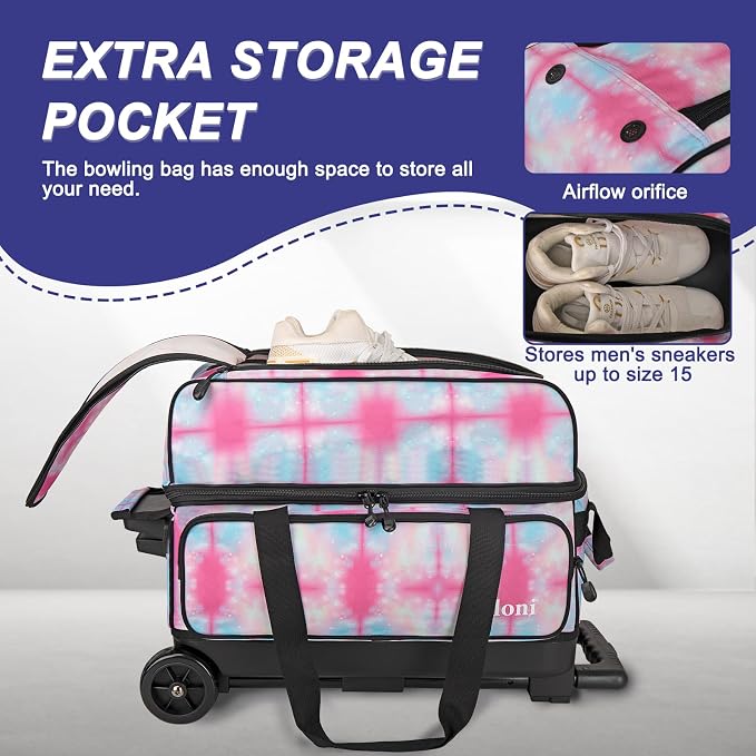 Goloni Double Roller 2 Ball Bowling Bag with Separate Shoe Compartment,2 Ball Bowling Bag with Wheels,Retractable Handle Extends to 40"