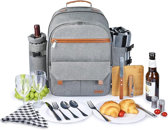 Sunflora Insulated Picnic Backpack for 2 Person Bag with Cooler Compartment, Wine Pouch, Blanket and Stainless Steel Cutlery Set for Couple, Lovers and Friends (Grey)