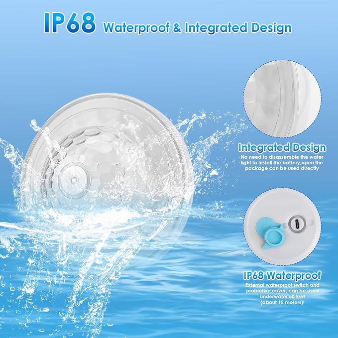 QOLNBY Floating Pool Lights(1 Pack), Rechargeable Pool Lights with 6 Dynamic Lighting Effects, Upper and Lower Color Changing Floating Light, IP68 Waterproof Lights for Pools, Hot Tubs, Fountain