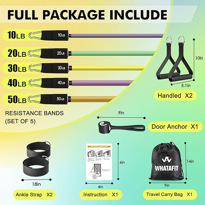 WHATAFIT Resistance Bands, Exercise Bands, Workout Bands with Handles, Door Anchor and Ankle Straps, 5 Resistance Levels Fitness Bands for Strength Training, Physical Therapy, and Home Gym Equipment