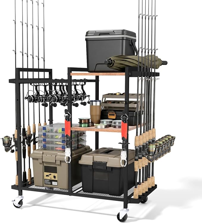 Fishing Rod Holders for Garage,Fishing Rod Rack Storage up to 12 Rods,3 Tier Adjust Heavy Duty Metal Fish Pole Stand Organizer with reel seat for Fishing Gear and Equipment Accessories