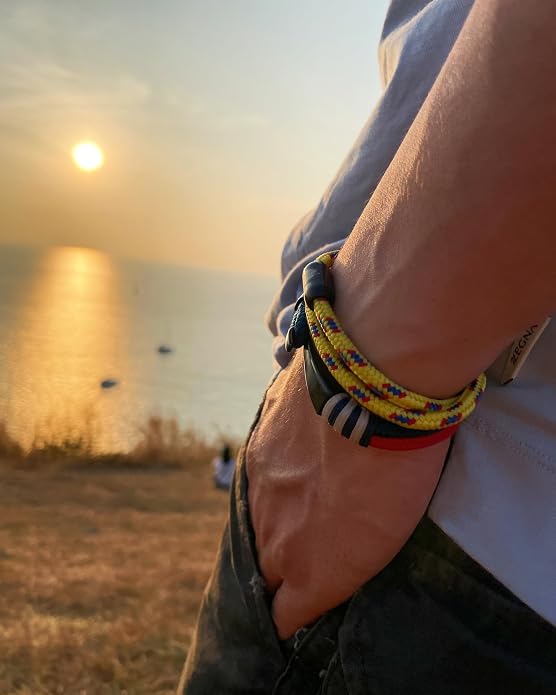 Men's Nautical Anchor Cuff Bracelet, Handmade Black & Blue Stainless Steel Rope Wristband with Lobster Claw Clasp