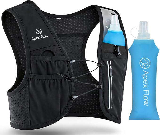 Apex Flow Running Vest for Men & Women, Adjustable Chest Straps, 9 Pockets Lightweight Reflective Hydration Vest with 500ml Soft Flask for Marathon