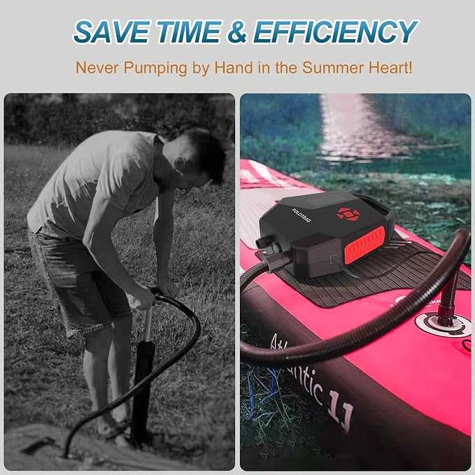 Polotrag Paddle Board Pump, SUP Pump Electric Portable with Auto-Off/Deflation, Dual Stage 12V DC Car Connector Air Pump for Inflatables, Kayak and Air Mattress
