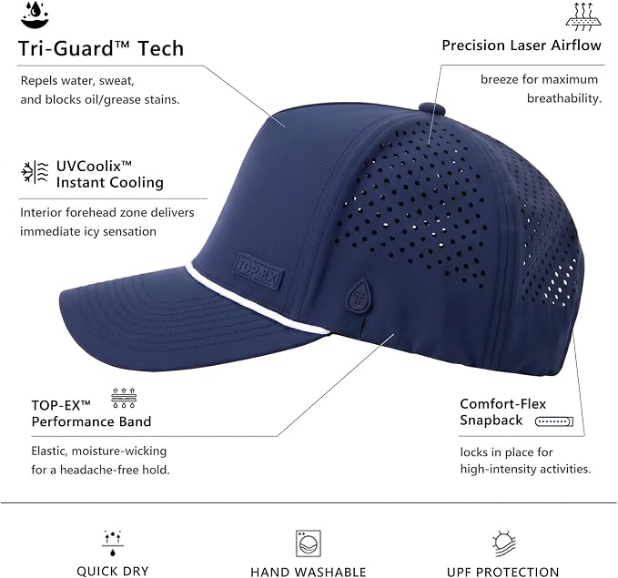 TOP-EX Performance Baseball Hat for Men Water Resistant Golf Cap Running Cooling Snapback Laser Perforated