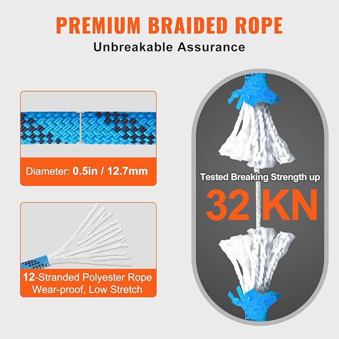 VEVOR 12.7mm Static Climbing Rope, 45.7M(150ft) Outdoor Rock Climbing Rope 30KN Breaking Tension, Fiber Rope for Escape, Rappelling, Fire Rescue, Blue