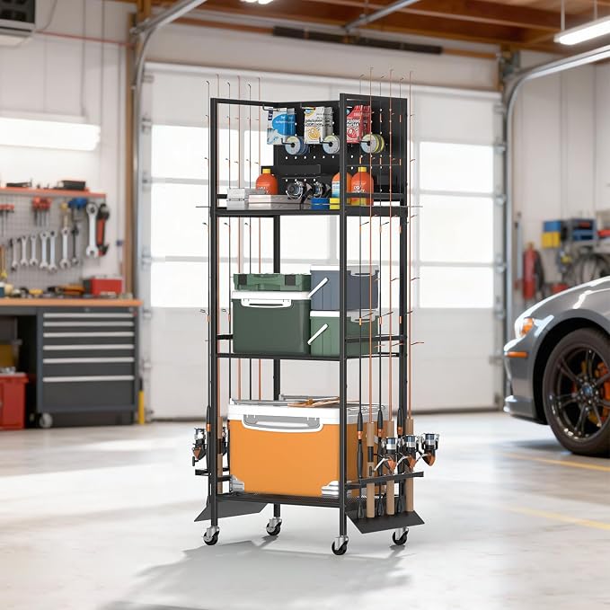 12-Rod Fishing Pole Holders for Garage, 3-Shelf Fishing Rod Holder with Pegboard and Trays, 360° Rotatable, Rolling Fishing Storage Cart with Wheels for Tackle Box & Fishing Gear Organization