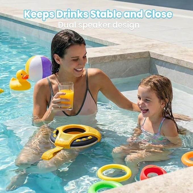 Mambobaby Float Bluetooth Speaker with Foldable Cup Holder, IPX7 Waterproof Bathroom Speaker, 360° Surround Sound, Colorful LED Lights, Dual Speakers, Ideal for Pool, Beach & Outdoor Use-Yellow Black