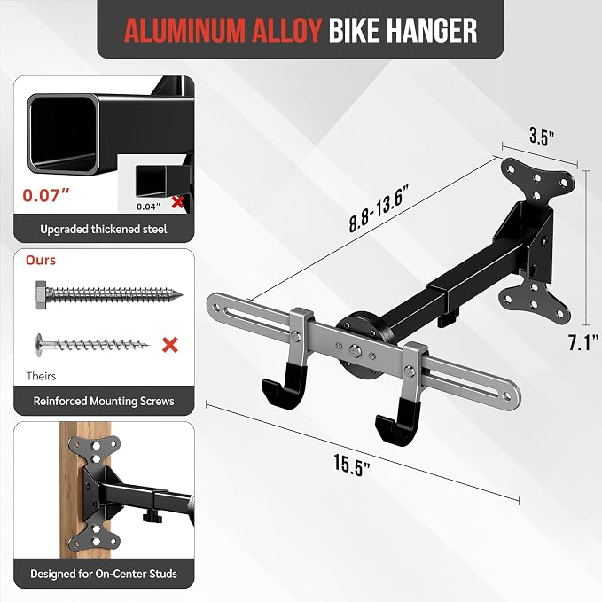 Heavy-Duty Bike Wall Mount for Garage Aluminum Alloy & Steel Folding Bicycle Rack,360° Rotation,Adjustable Hook, 66lbs Capacity Horizontal Indoor Bike Storage, for Road Mountain Hybrid Bikes