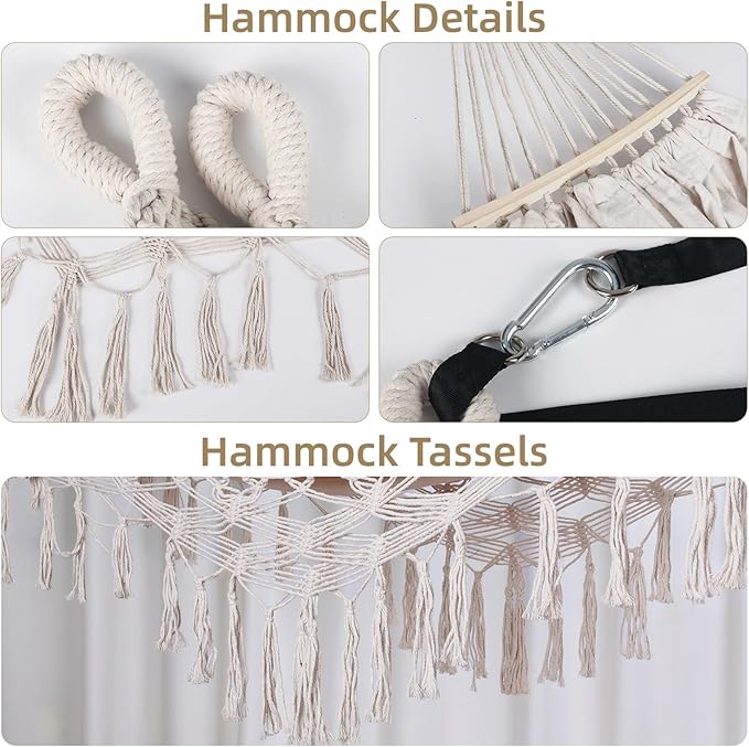 Portable Double Hammock, Hanging Hammock with Tassels and Fishtail Knitting, 550LB Capacity, 320GSM Hanging Bed with Set Full Accessories for Outdoor Camping Patio Balcony Beige