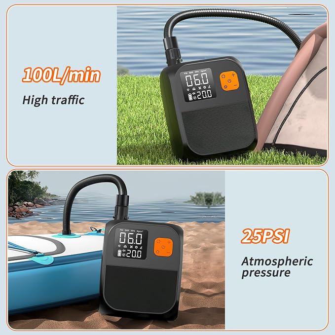 Fisca Paddle Board Pump, 25PSI Portable Rechargeable SUP Air Pump, Quick Inflate/Auto Off & Car Adapter Electric Air Compressor for Stand up Paddle Boards,Kayak,Tent
