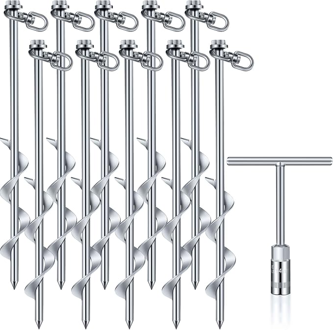 Hiboom 4 Pcs Ground Anchors with T Handle Hex Wrench Trampoline Hook, Ground Anchor Screw in Kit, Inflatable Outdoor Decorations Accessories for Camping Tents Car Ports Canopies (Silver,12 Inch)