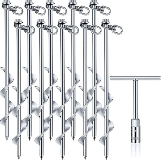 Hiboom 4 Pcs Ground Anchors with T Handle Hex Wrench Trampoline Hook, Ground Anchor Screw in Kit, Inflatable Outdoor Decorations Accessories for Camping Tents Car Ports Canopies (Silver,12 Inch)