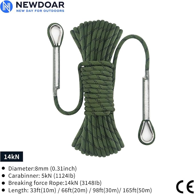 NewDoar 14KN Static Climbing Rope 8mm(5/16in) Accessory Cord Equipment 33FT(10M) 66FT(20M) 98FT(30M) 165FT(50M) Escape Rope with 2 Carabiners for Ice Climbing Equipment Fire Rescue Rope-Green/10M
