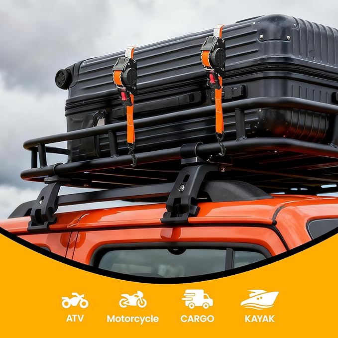 Retractable Ratchet Straps (2-Pack) - 1'' x 11.5' (1,800lb Break Strength) - Heavy Duty Auto Self Retracting Tie Down Straps for Truck, Cargo Trailer, Motorcycle, Rad & More - Orange