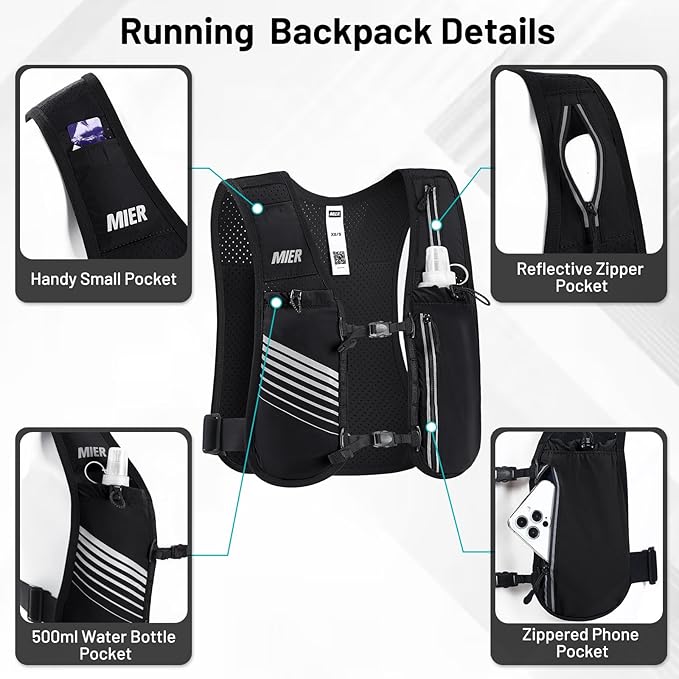 MIER Running Vest for Women Men, Lightweight Breathable Hydration Vest with 500ml Soft Flask Reflective Hydration Backpack for Marathon Cycling Hiking Jogging