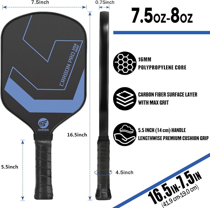 OXIKEN 16 mm Pickleball Paddles 2026 USAPA Approved T700 Carbon Fiber Pickle Paddle (CFS), High Grit & Spin, Honeycomb Core, 5.5” Elongated Handle, Anti Slip Sweat Absorbing Grip with Cover Case