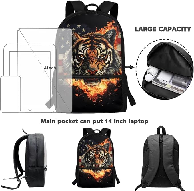 Fire Tiger Backpack for Kids Girls School Bag with with Lunch Box Water Bottle Set Pencil Case Casual American Flag Daypack for Hiking Travel Elementary Bagpack Back to School Supplies