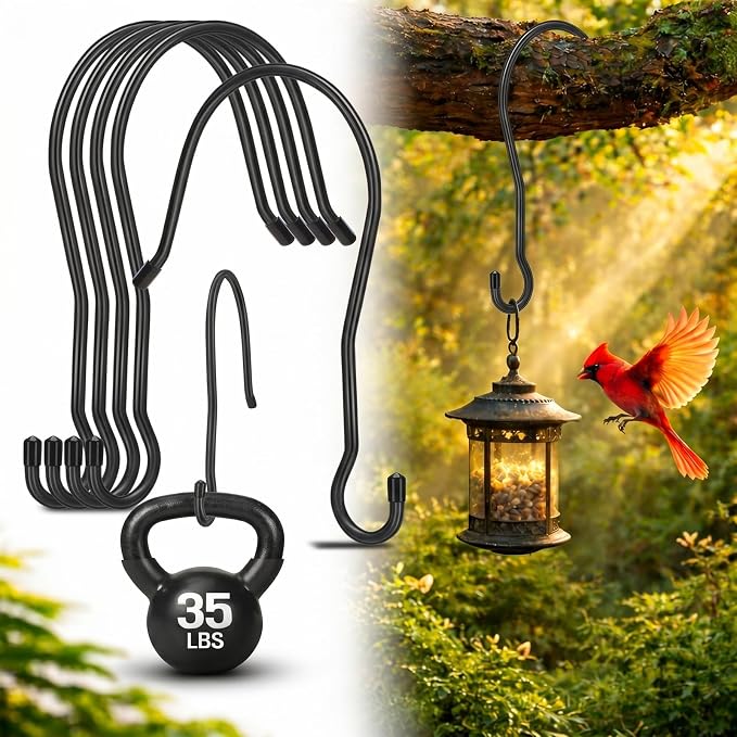 Therwen 4 Pcs 12 Inch Tree Branch S Hook Heavy Duty Extra Large 1/4" Steel Metal Outside Tree Hanger for Hanging Bird Feeder, Plant, Wind Chime, Lantern, Wreath, with Vinyl End Cap, 35 Lbs Capacity