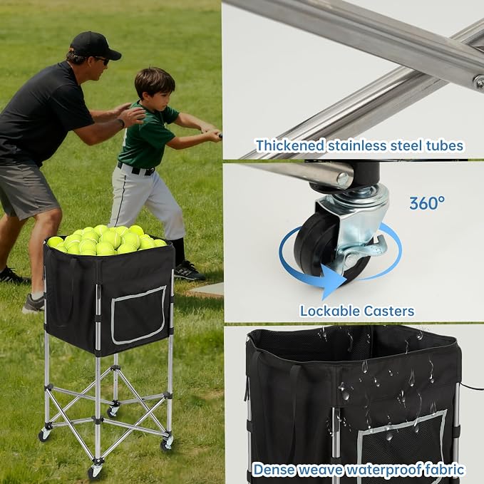 Tennis Ball Cart with Wheels & Brake (180 Capacity) – Heavy Duty Stainless Steel Frame with Detachable Washable Bag – Foldable Travel Hopper for Tennis & Pickleball, Portable Carrier