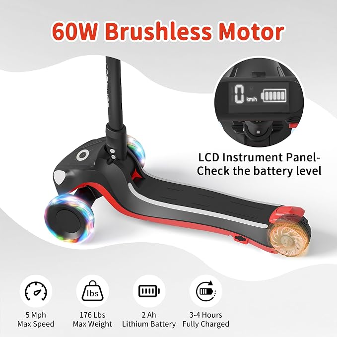 Electric Scooter for Kids with 3 LED Lighted Wheels, Adjustable Height & Lean-to-Steer, Anti-Slip Deck with Lights, Easy-Fold Mechanism, Balance Scooter for Kids,Toddlers