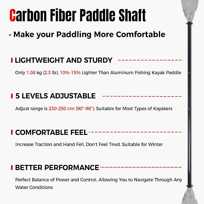 Angler Kayak Paddle Carbon Fiber Shaft and Plastic Blade, Floating Adjustable Fihsing Kayak Oar with Paddle Leash, 230-250cm/90-98 inch