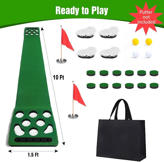 Golf Putting Game Set, Detachable Golf Putting Green Mat with 4 Balls, 2 Cups & Flags, 1 Portable Bag for Indoor & Outdoor Party Game Use