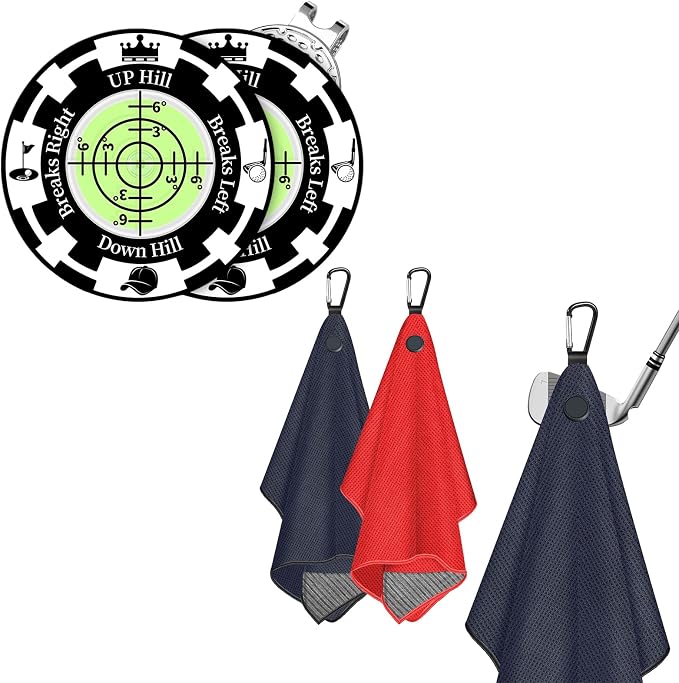 2 Pack Mangetic Golft Towels with Clip & 2 Pack Golf Green Reader Golf Ball Marker Hat Clip