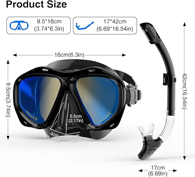 Snorkeling Gear for Adults, Snorkel Mask With Mirrored Tempered Glass Lens 180° Wide View Anti-Fog Scuba Diving Mask, Professional Snorkel Set for Swimming Diving, Gifts for Women Mom Men Dad