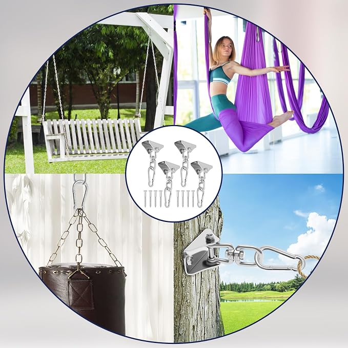 4Pcs Heavy Duty Swing Hangers Kit,304 Stainless Steel,1000 LBS Load Capacity,360° Swivel Hooks with Nylon Washers,Ceiling Mount Hardware for Porch,Hammock Chair,Yoga Swing,Punching Bag & Playground