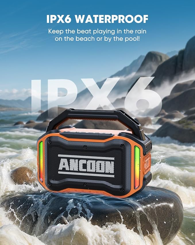 ANCOON Speakers Bluetooth Wireless: 80W(Peak) Loud Speaker with Bass, 20H Playtime, IPX6 Waterproof, Large Jobsite Speakers for Work, Outdoor, Workshop, Garage, Portable Speaker with TWS (Orange)