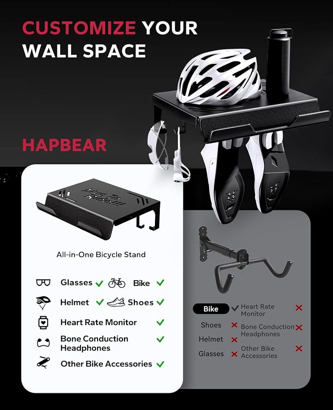 HAPBEAR Bike Wall Mount Rack with Shelf & 2 Adjustable Hooks-3mm Heavy Duty Galvanized Steel Indoor Bicycle Storage for Garage/Apartment-Fits Mountain & Road Bikes-Max 110lbs, Includes Wheel Strap