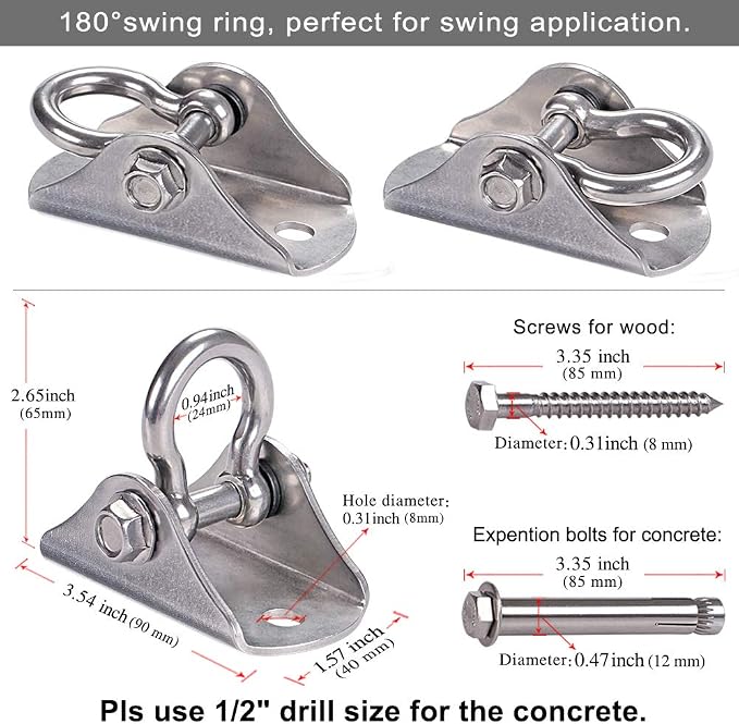 BeneLabel Stainless Steel Heavy Duty Swing Hanger Ceiling Mount 1600 LB Capacity Swing Hardware for Swing Seat, Yoga, Heavy Bag, Porch Swing, Hanging Chair with 2 Screws and 2 Expansion Bolts