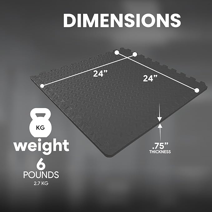 BalanceFrom 6 Piece Foam Floor Mat Puzzle Tiles, 3/4” Thick, 24 Sq Ft, Black