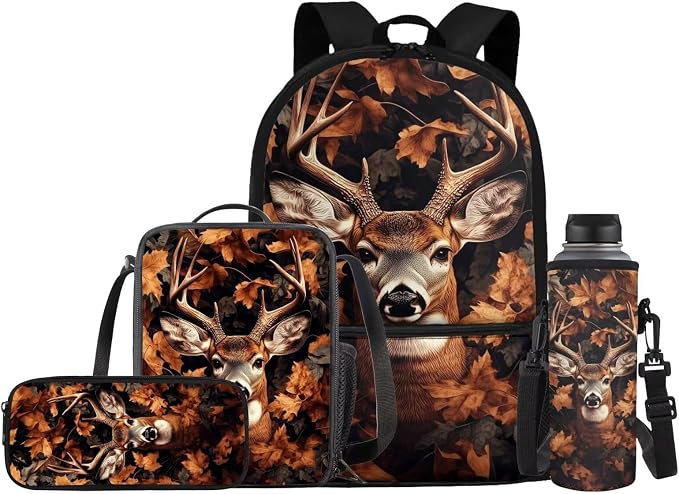 Deer Backpack Kids School Bag for Boys Girls Backpack with Lunch Box and Water Bottle Holder 4 Piece Camo Hunting Deer School Daypack for Travel Hiking Picnic Back to School Accessories