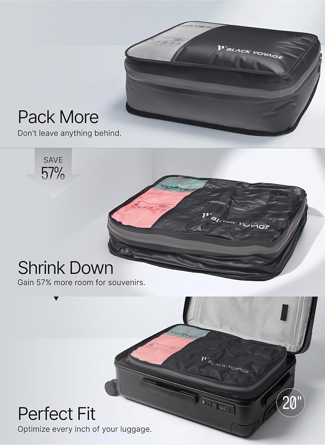 Black Voyage Reusable Vacuum Compression Travel Bag for Carry-On Suitcase and Backpack, Recycled IPX8 Waterproof Space Saver Vacpack (1-Pack, 21L - No Pump)