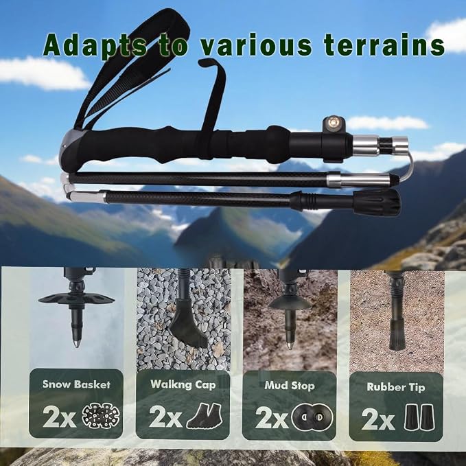 Ultralight 7.6oz 100% Carbon Fiber Trekking Poles, 2-Pack Collapsible Anti-Shock Hiking Poles with Tungsten Carbide Tips & EVA Foam Grip, Compact for Backpacking, Camping, Mountaineering