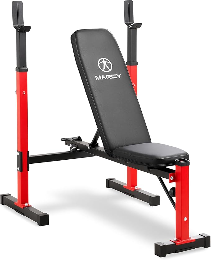 Marcy Deluxe Olympic Weight Bench with Adjustable Back & Bar Catch & Optional Arm Curl, Leg Developer, Lat Tower Attachments (Sold Separately), Personal Home Gym for Strength Training, Weightlifting