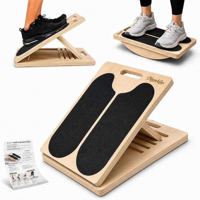 Wooden Slant Board for Calf Stretching and Achilles Stretch, 2-in-1 Adjustable Calf Stretch Board & Balance Board for Ankle Mobility, Physical Therapy and Stability Training