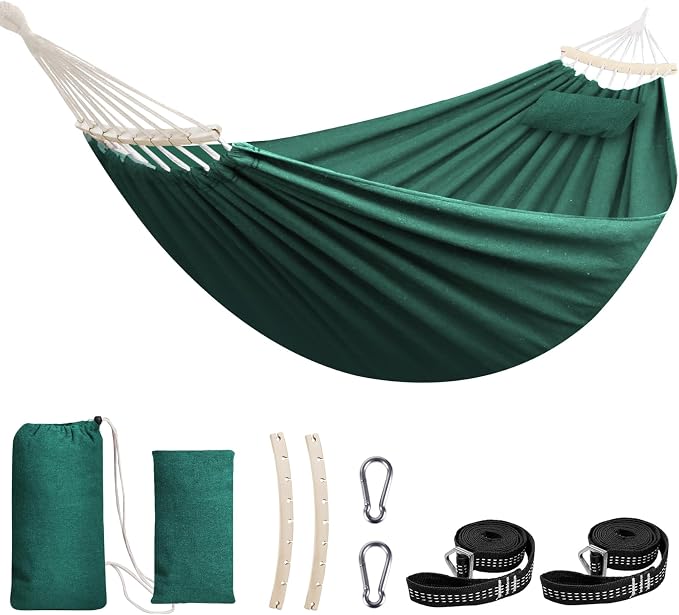 Chihee Cotton Hammock Holds Up to 660lbs Fabric Hammock 8.9x4.9ft Soft Portable Tree Hammocks Camping with Detachable Spreader Bar Pillow 2 Strong Webbings 2 Carabiners Indoor Outdoor Backyard Garden
