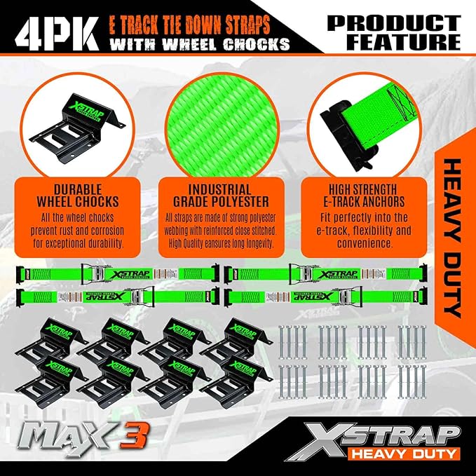 XSTRAP STANDARD Wheel Chock E-Track Tie Down Straps Kit, 4 Pack 2” x 9FT Over-The-Tire Ratchet Straps with Steel Wheel Chocks, 1466 lbs WLL for ATV, UTV, Lawn Mower, Trailer Hauling, Green
