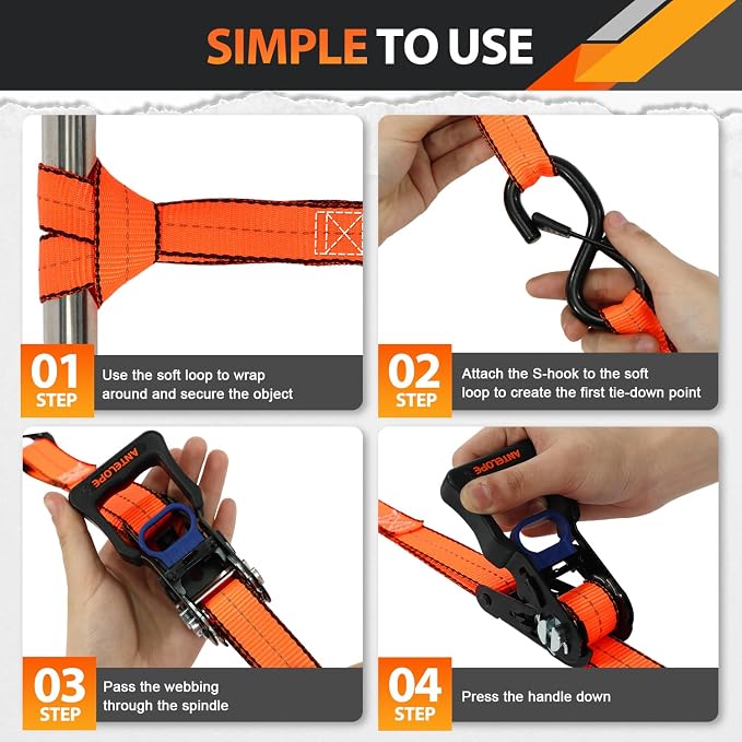 Ratchet Tie Down Straps Set, 2100 LBS Breaking Strength, 4 Pack 1" x 15' Heavy Duty Ratchet Straps, Cargo Strap, Motorcycle Straps for Trucks, Bicycle, Kayak, Moving, Tie Downs with S Hooks, Orange