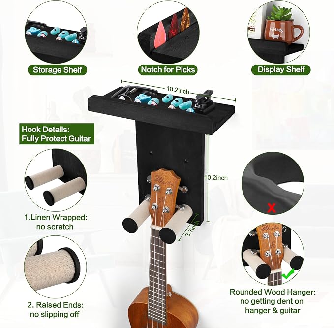 Keebofly Guitar Wall Mount - Single Pack, Wall Hanger with Pick Holder - Guitar & Ukulele Rack, Rustic Wood Black, Patented