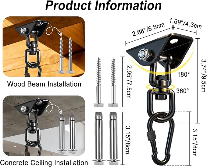 Yose Porch Swing Hanging Kit Heavy Duty 1000lbs Stainless Steel, Easy to Install Swing Hardware with Ceiling Hooks and Hammock Hooks, Complete Swing Set Accessories for Indoor Outdoor Patio Garage