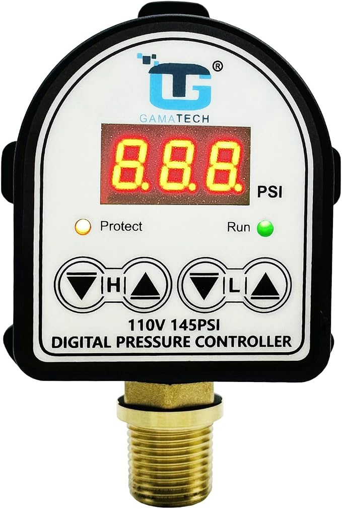 GamaTech 110V 145PSI Digital Adjustable Pressure Switch Controller for Water Pump and Air Pump, 1/2" Male NPT