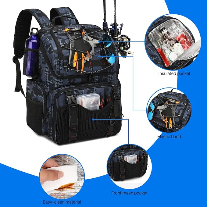 RUCYEN Fishing Backpack, 45L Large Cooler Fishing Tackle bag with Rod Holders & Rain Cover, Water-resistant Store Fishing Gear