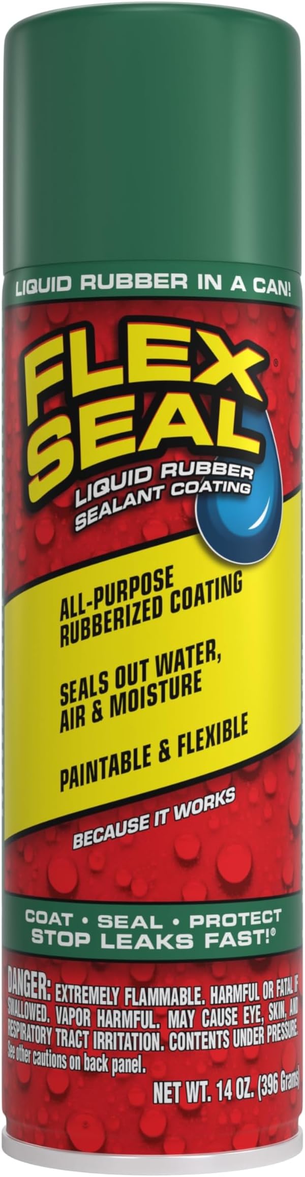 Flex Seal, 14 oz, Green, Stop Leaks Instantly, Waterproof Rubber Spray On Sealant Coating, Perfect for Gutters, Wood, RV, Campers, Roof Repair, Skylights, Windows, and More